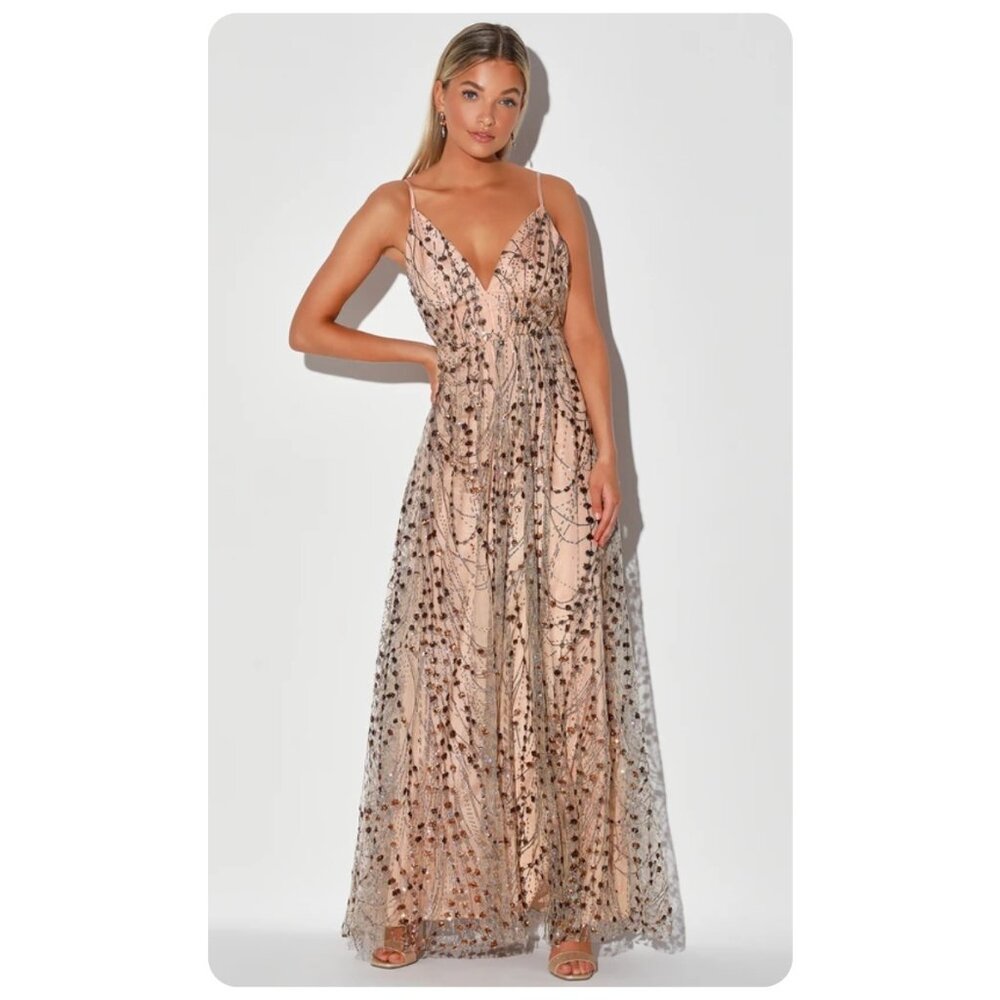 !! Lulus Luminous Night Taupe Glittler Sparkle Sequin Spaghetti Strap